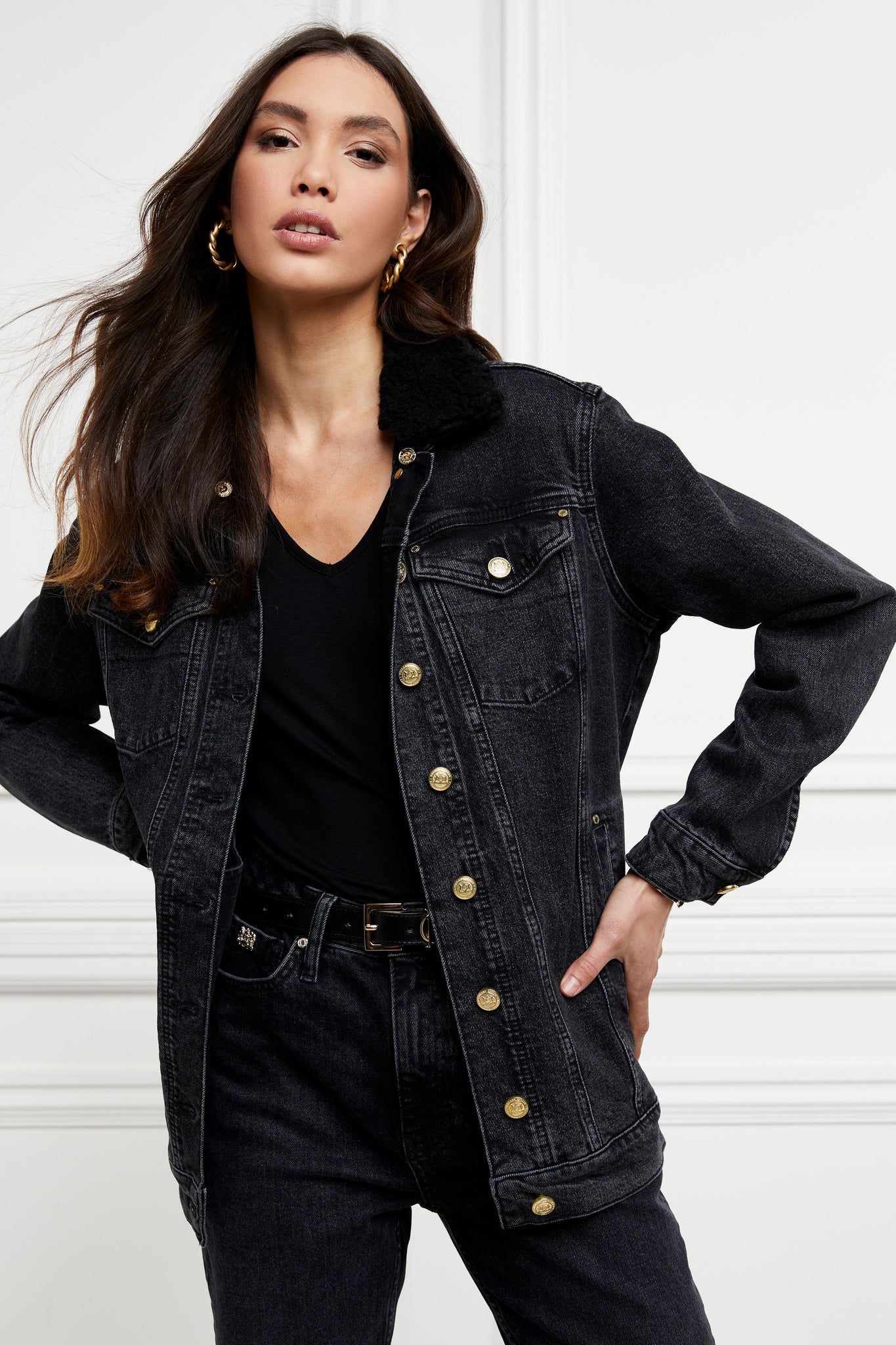 Longline Denim Jacket (Washed Black Sherpa)