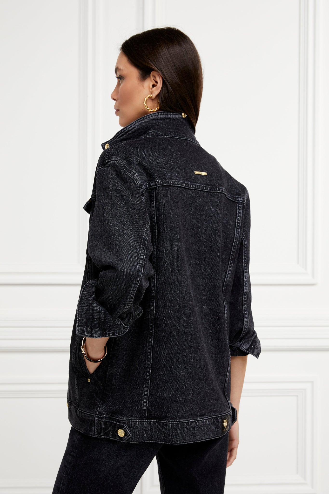 Longline Denim Jacket (Washed Black Sherpa)