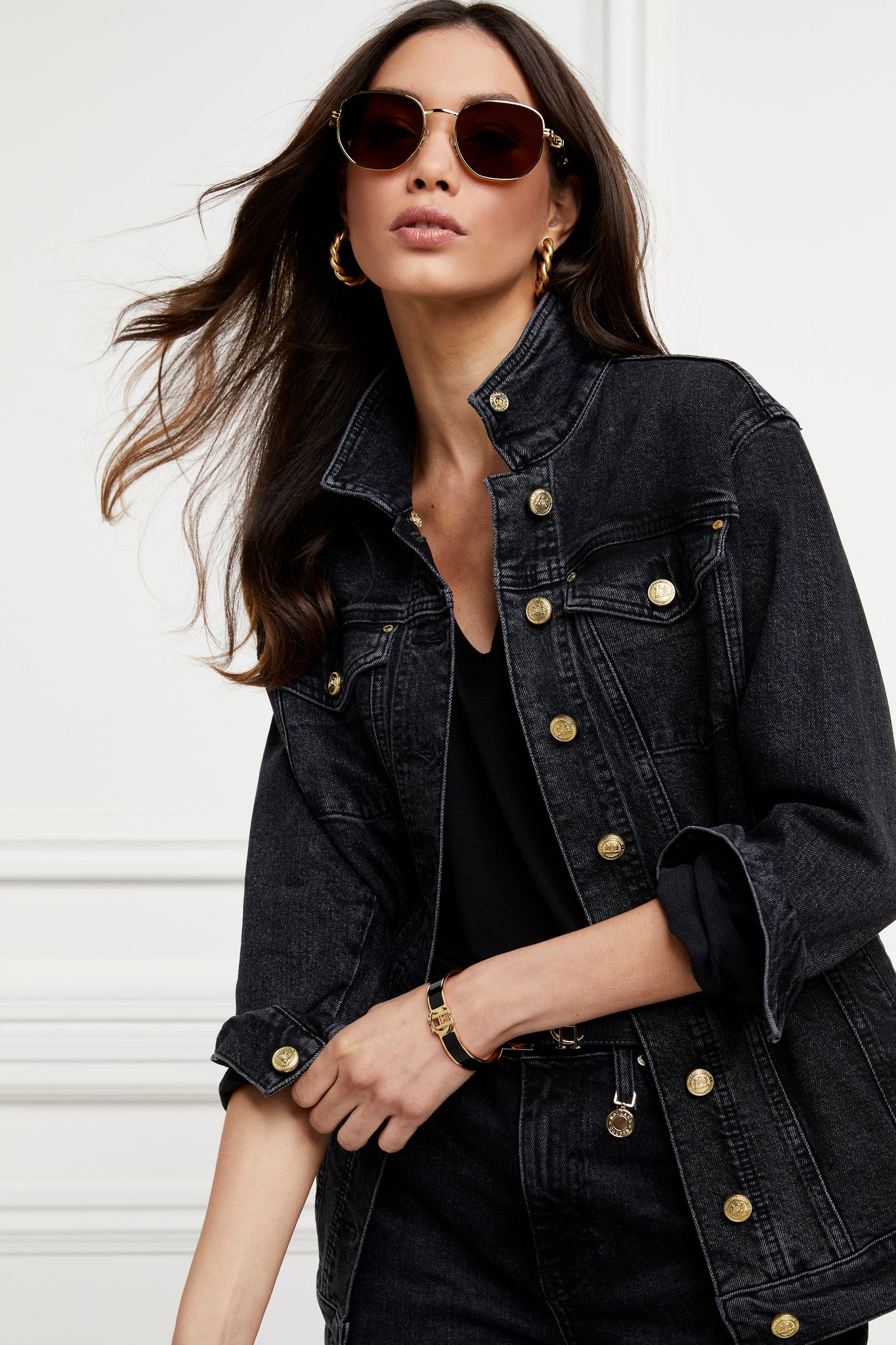 Longline Denim Jacket (Washed Black Sherpa)