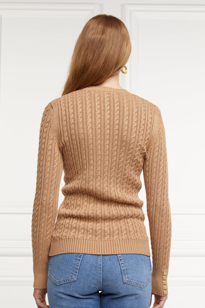 back of womens cable knit jumper in dark camel with ribbed crew neck cuffs and hem