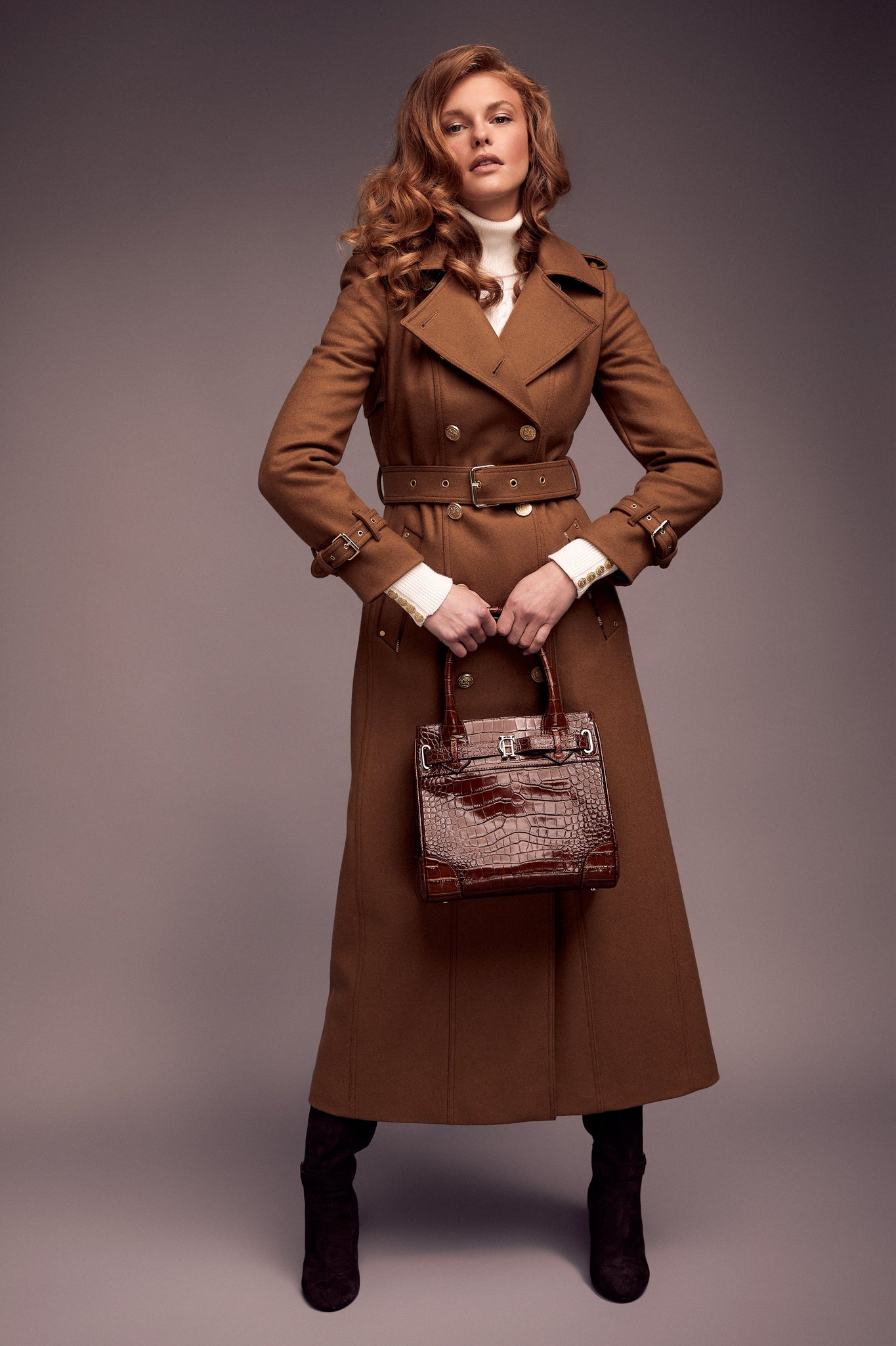 dark camel wool womens full length trench coat with dark brown womens small dark brown croc embossed leather tote bag