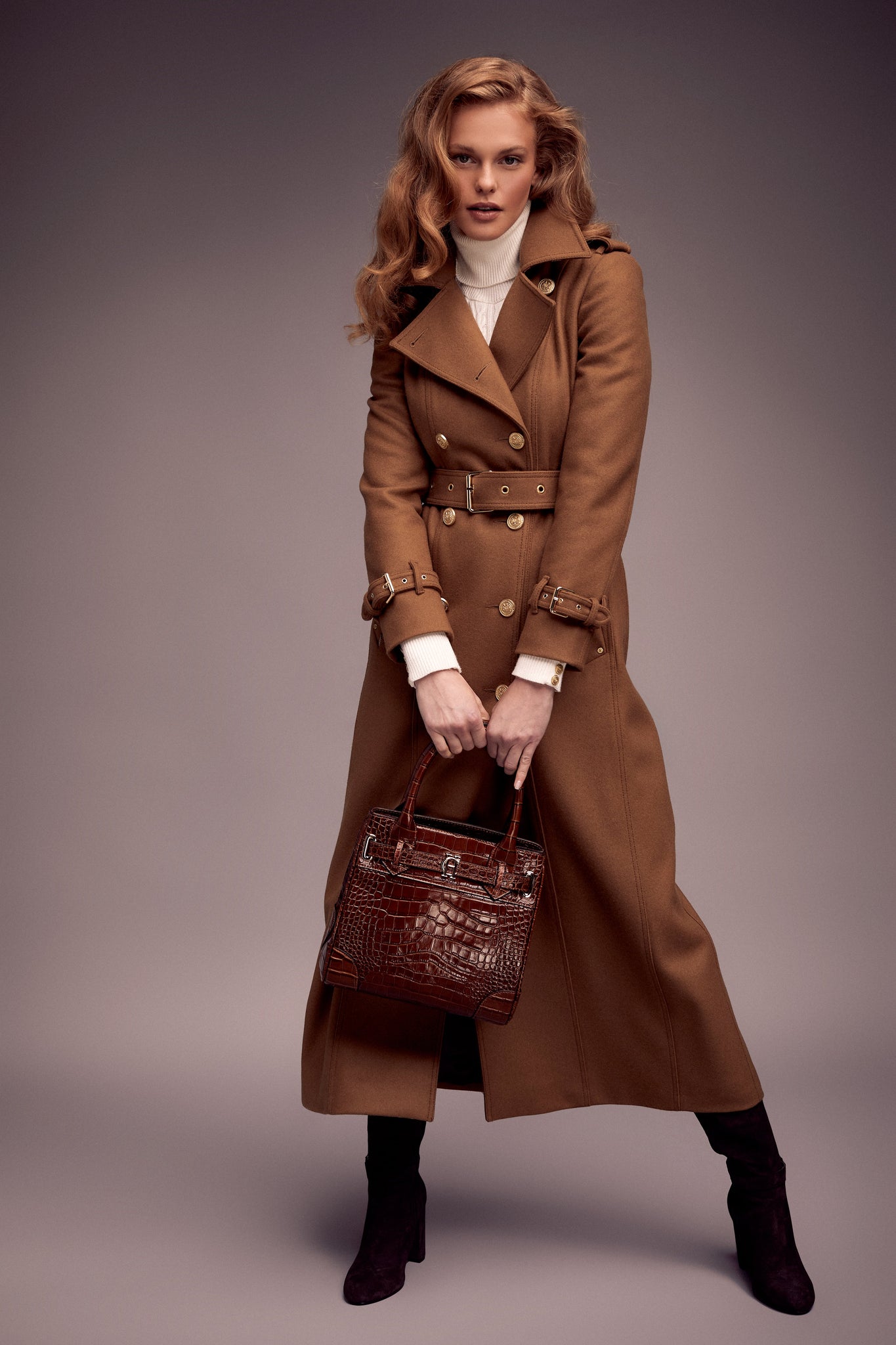 dark camel wool womens full length trench coat with dark brown womens small dark brown croc embossed leather tote bag