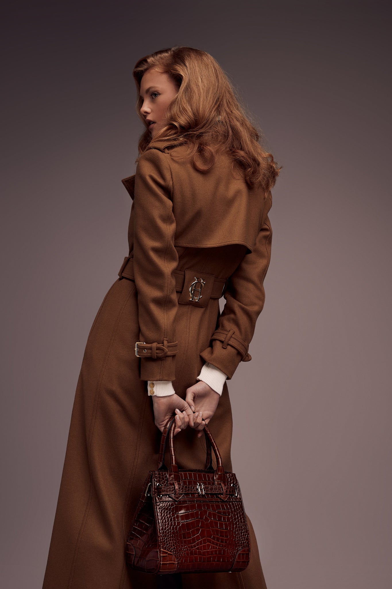 back of womens dark camel wool double breasted trench coat