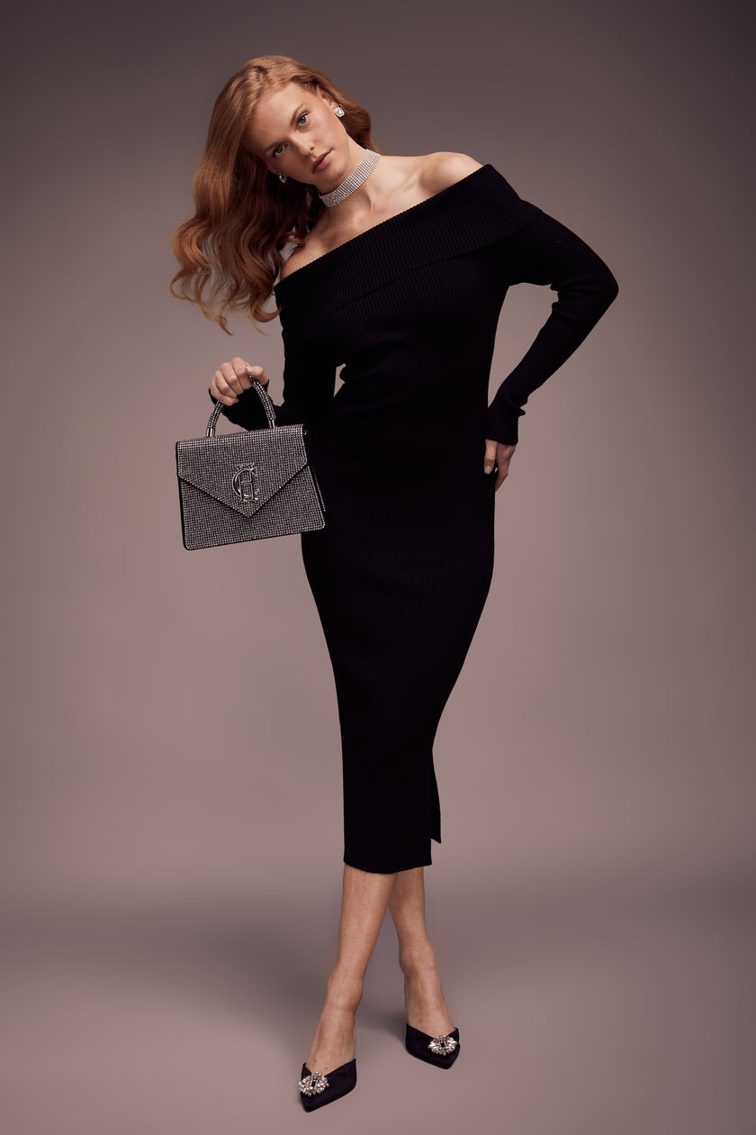 womens black bardot knit dress with crystal embellished clutch bag with diamante top handle and sliver hardware