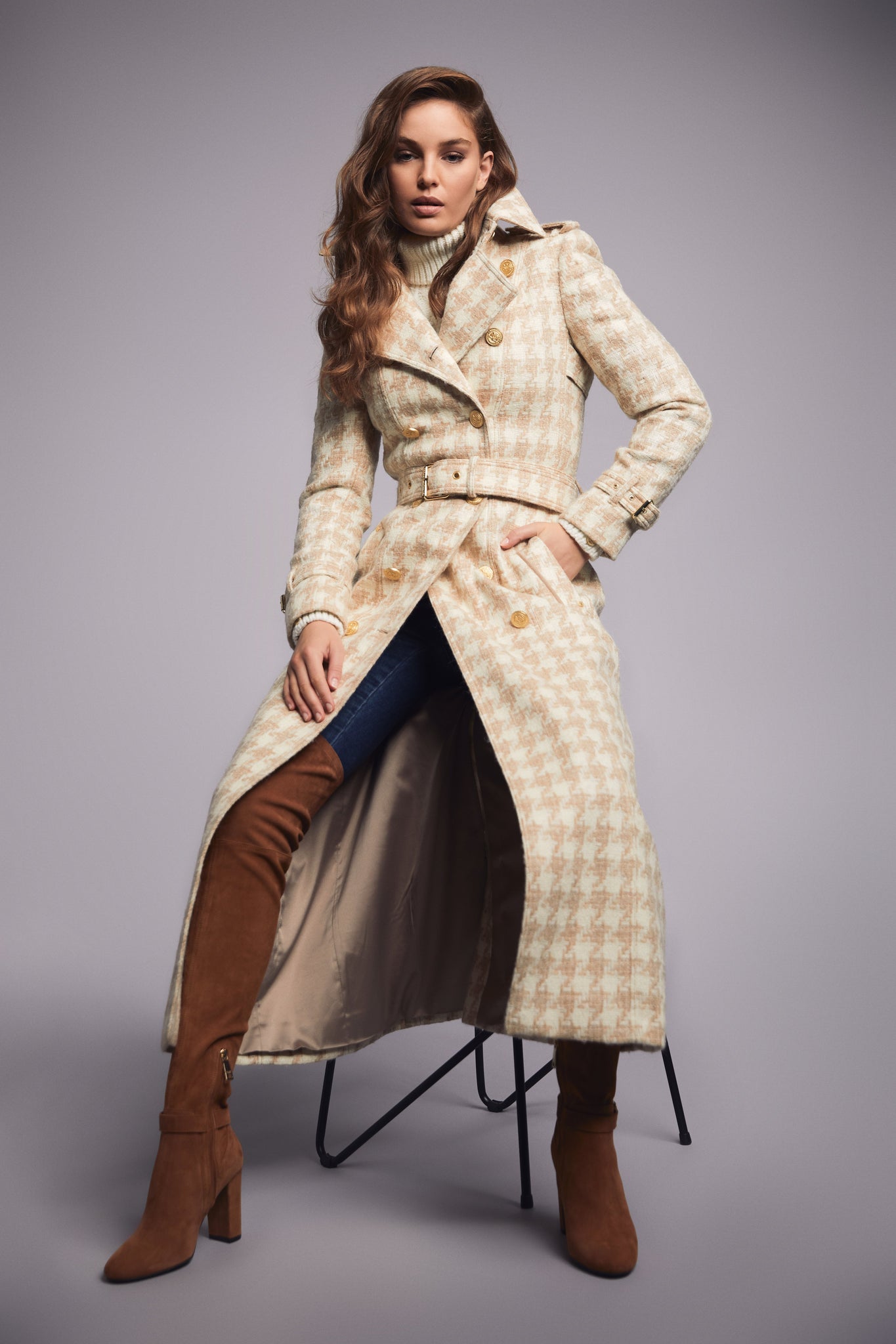 womens cream and camel houndstooth double breasted full length wool trench coat