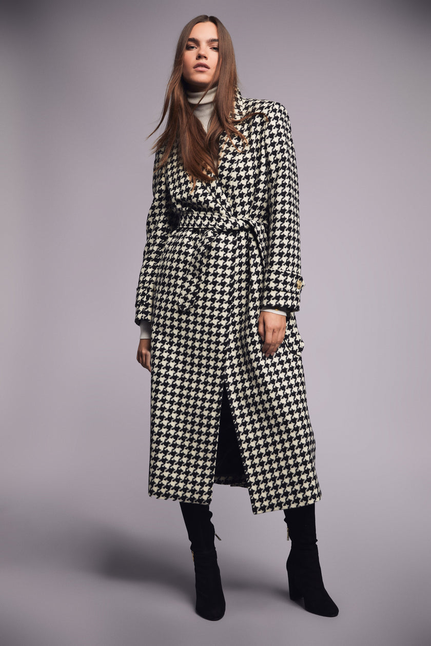 Womens black and white large houndstooth mid length wrap coat with tie belt