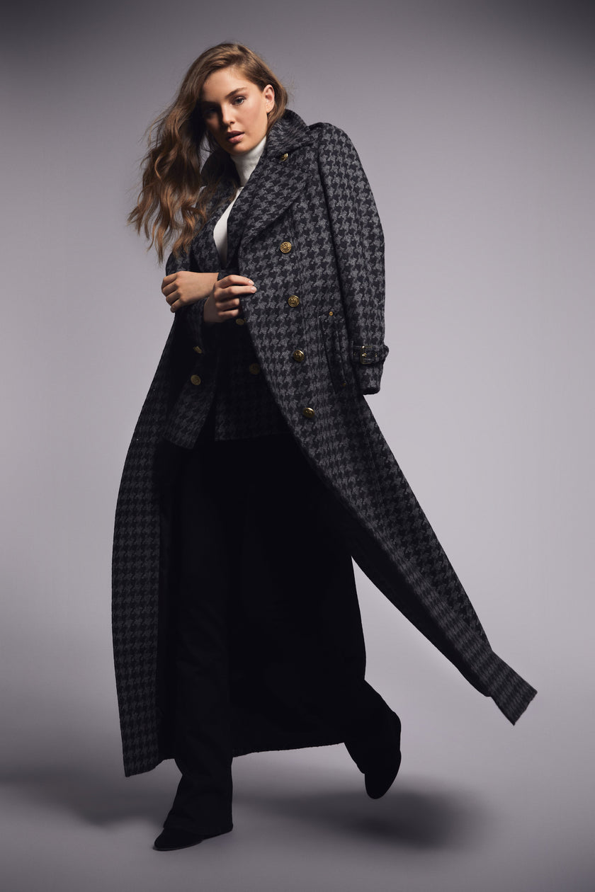 womens wool black and grey large scale houndstooth double breasted trench coat