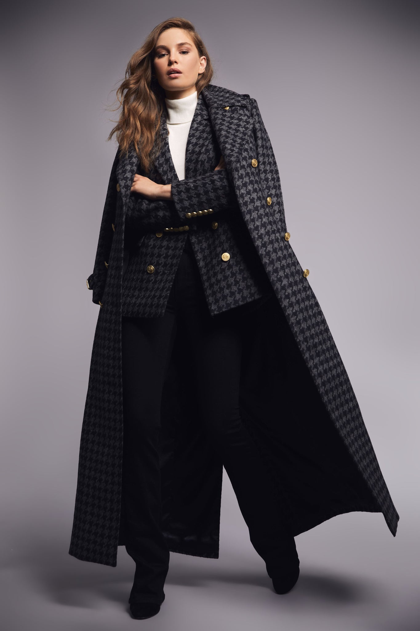 womens wool black and grey large scale houndstooth double breasted trench coat