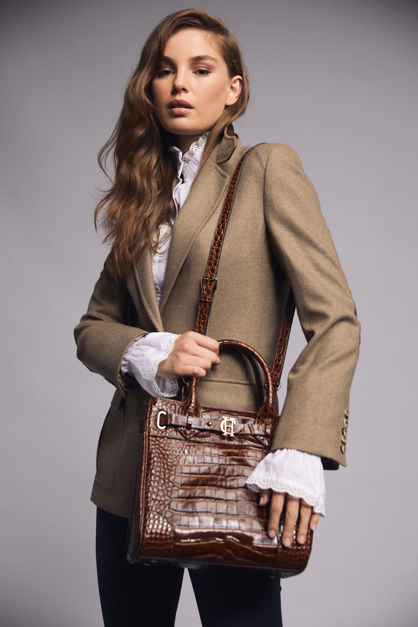 taupe herringbone tweed womens single breasted wool blazer with dark brown womens small dark brown croc embossed leather tote bag