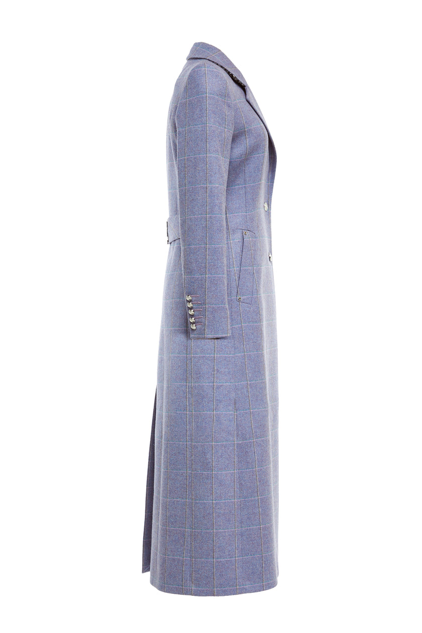 side womens purple, grey and blue check single breasted full length wool coat