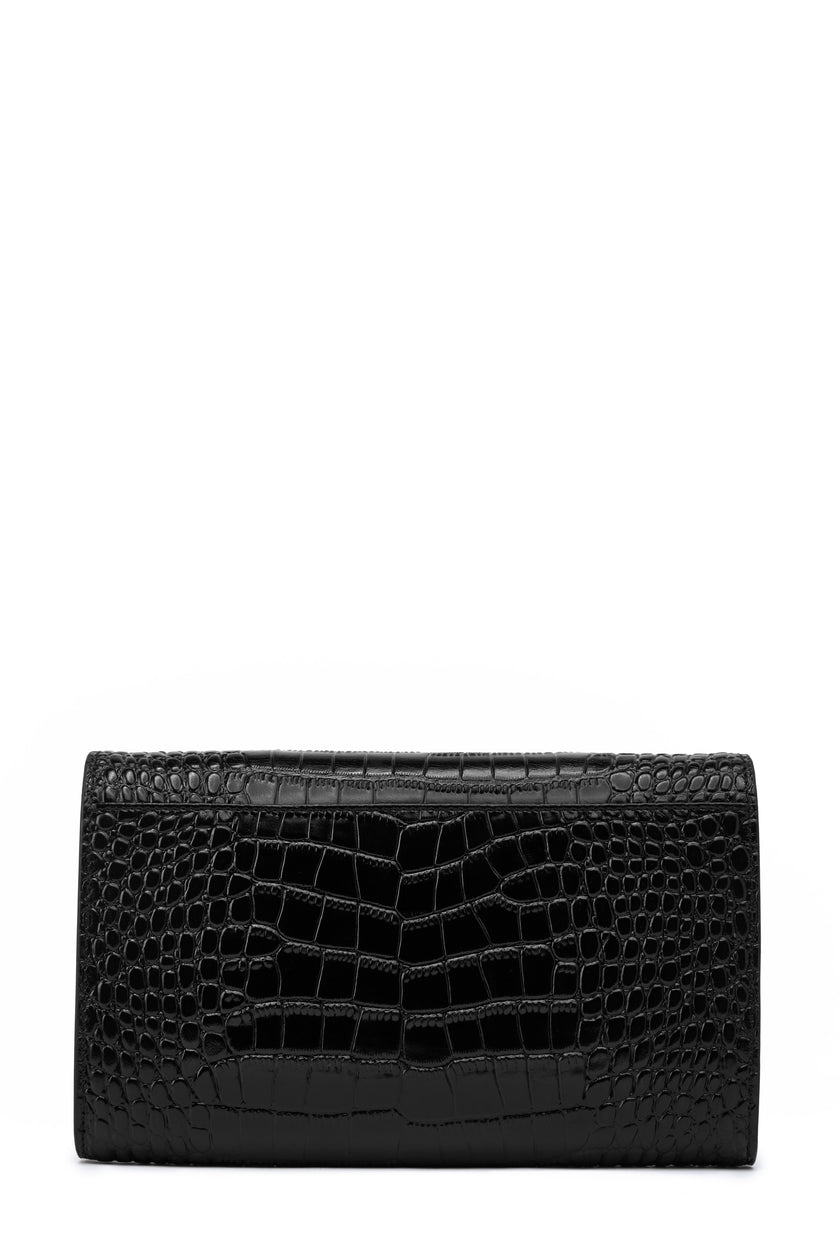 back of black croc embossed leather clutch bag