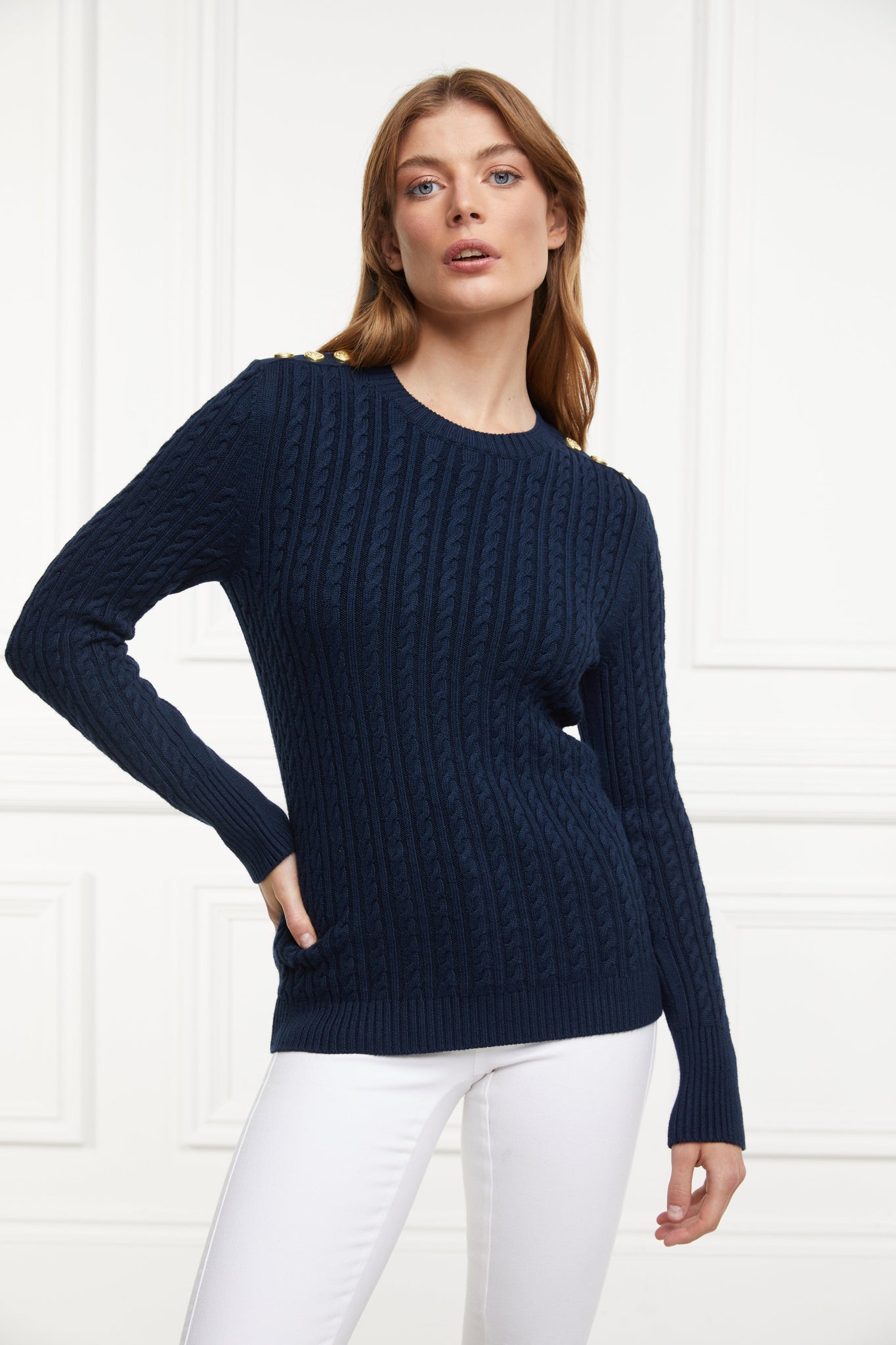 womens cable knit jumper in navy with ribbed crew neck cuffs and hem