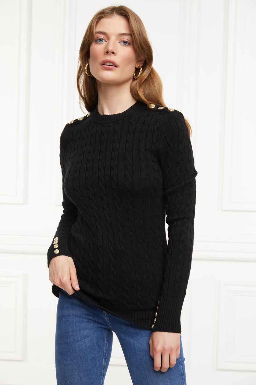 womens cable knit jumper in black with ribbed crew neck cuffs and hem