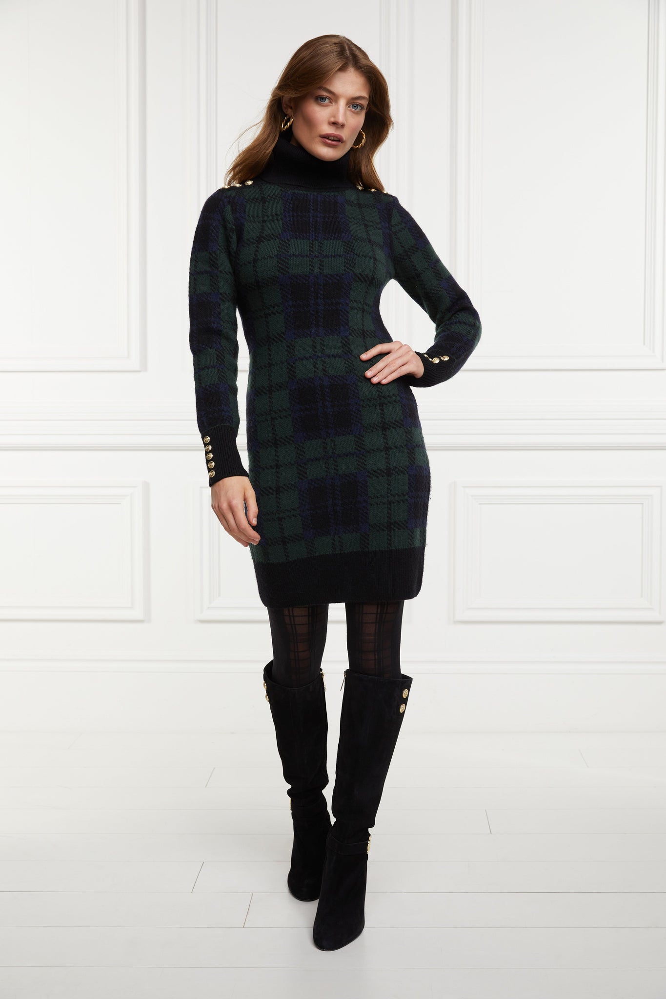 womens green navy and black blackwatch roll neck jumper dress with contrast black cuffs and ribbed hem with gold button detail on the cuffs and shoulder