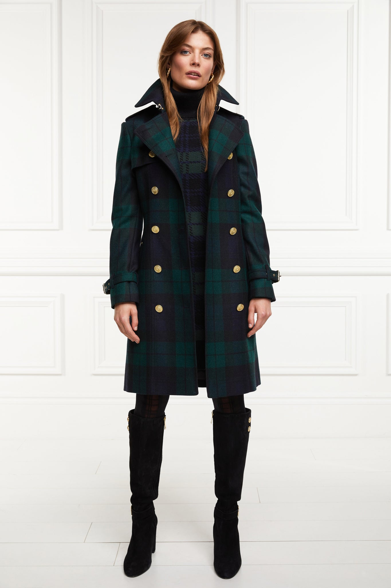 womens blackwatch tartan detailed with gold hardware knee length wool trench coat