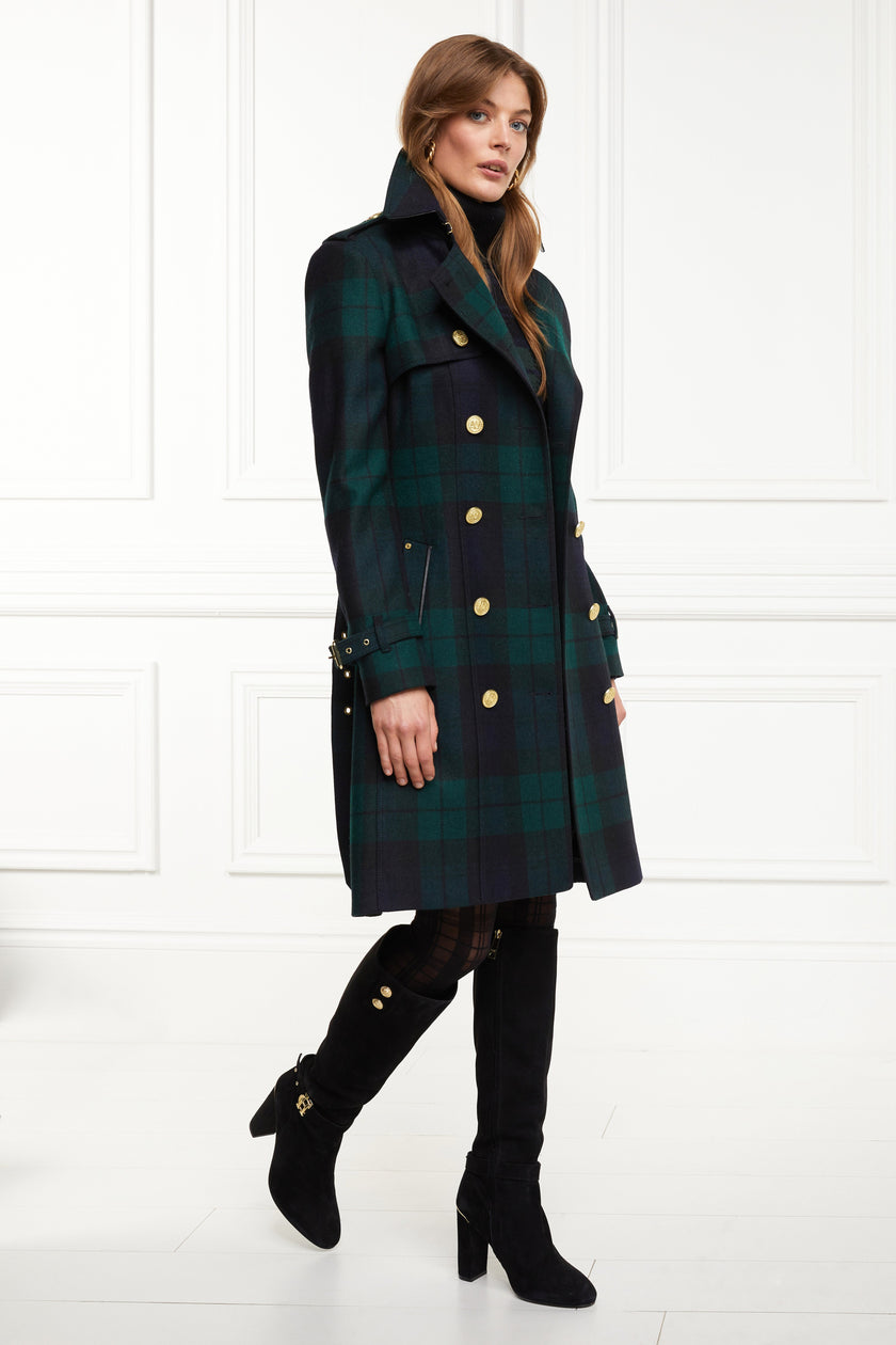 womens blackwatch tartan detailed with gold hardware knee length wool trench coat