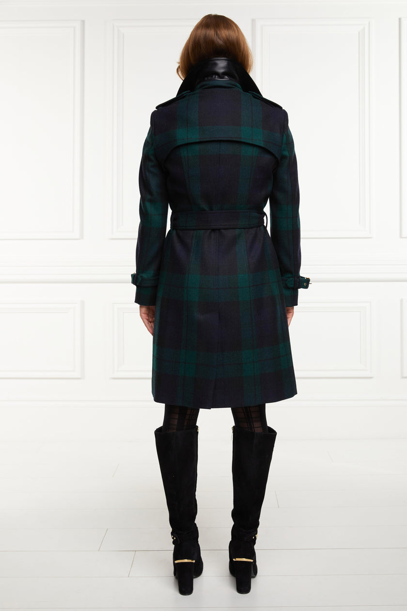 back shot of womens blackwatch tartan detailed with gold hardware knee length wool trench coat