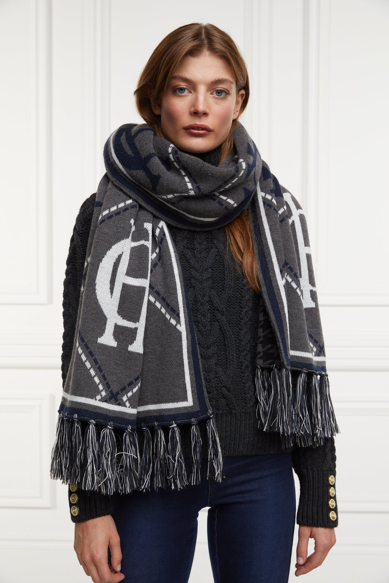 Reversible Monogram Scarf (Charcoal Houndstooth)