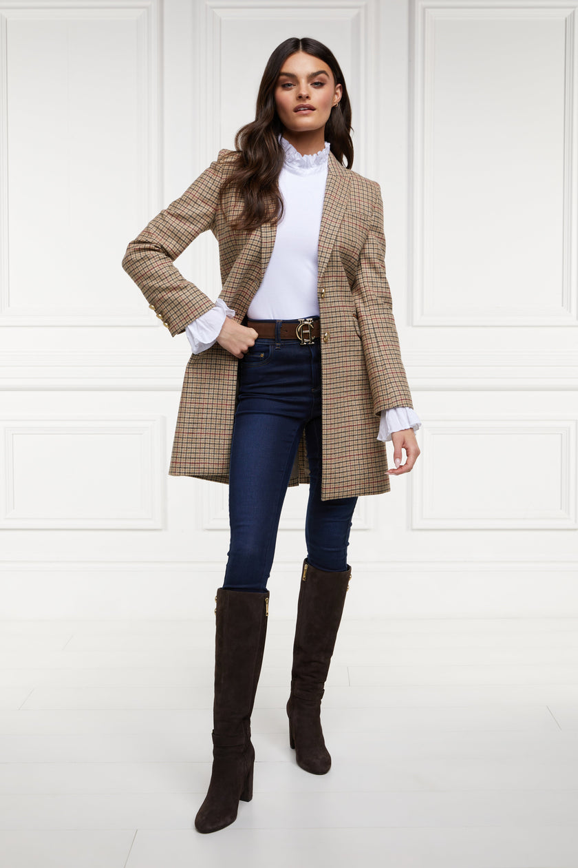 Light brown and red tweed womens wool mid length single breasted coat detailed with gold hardware