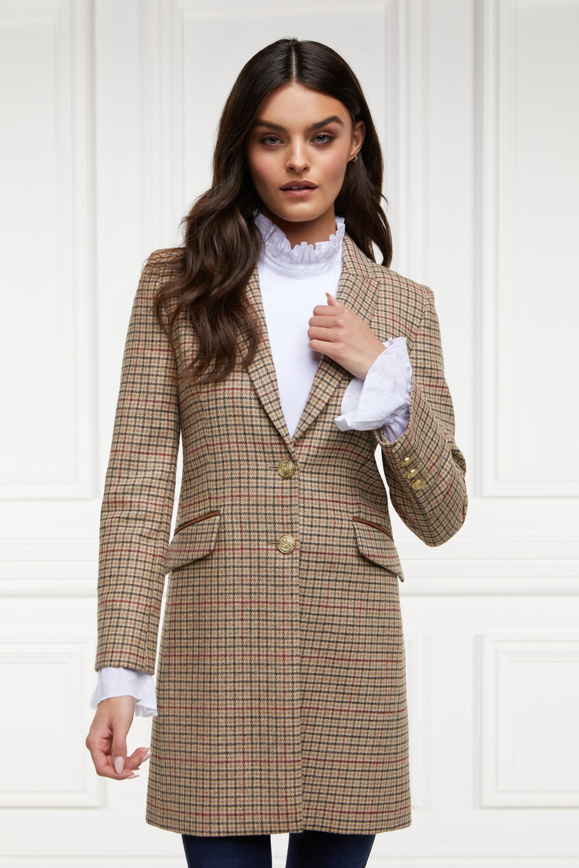 Light brown and red tweed womens wool mid length single breasted coat detailed with gold hardware