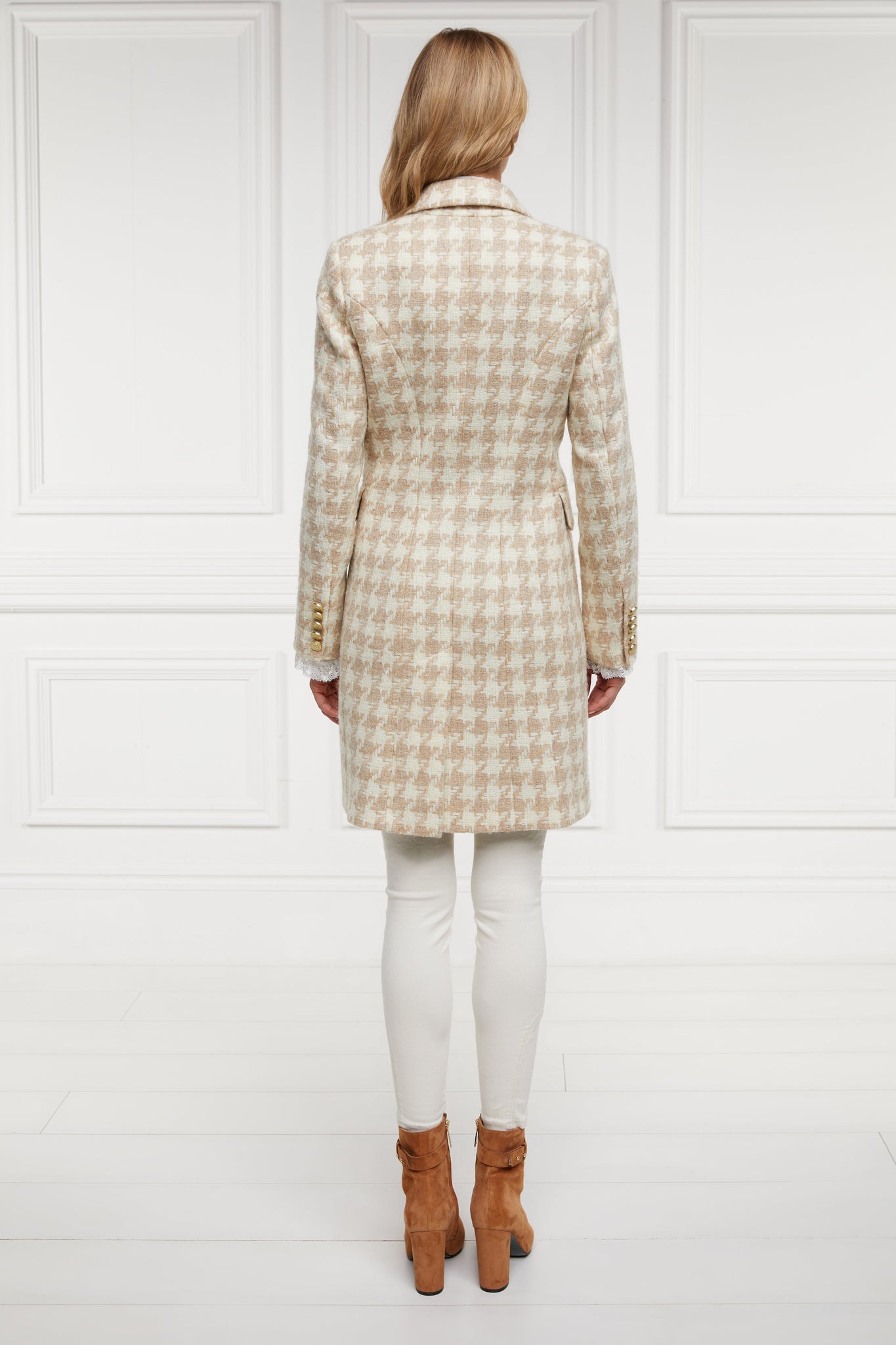 back of camel and cream houndstooth wool womens coat with gold hardware