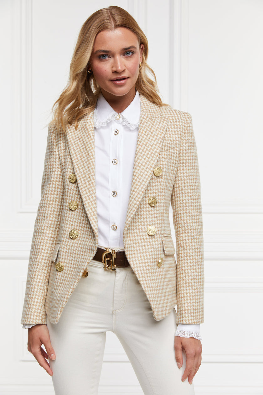 womens cream and white small scale houndstooth fitted double breasted blazer with single button fastening to the one central button for more form fitted tailored look finished with two pockets at hips and gold button details on front and cuffs