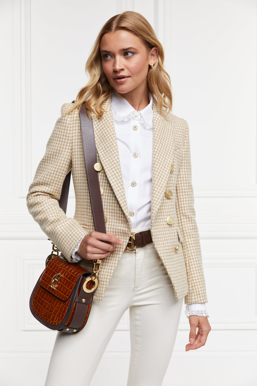 womens cream and white small scale houndstooth fitted double breasted blazer with single button fastening to the one central button for more form fitted tailored look finished with two pockets at hips and gold button details on front and cuffs