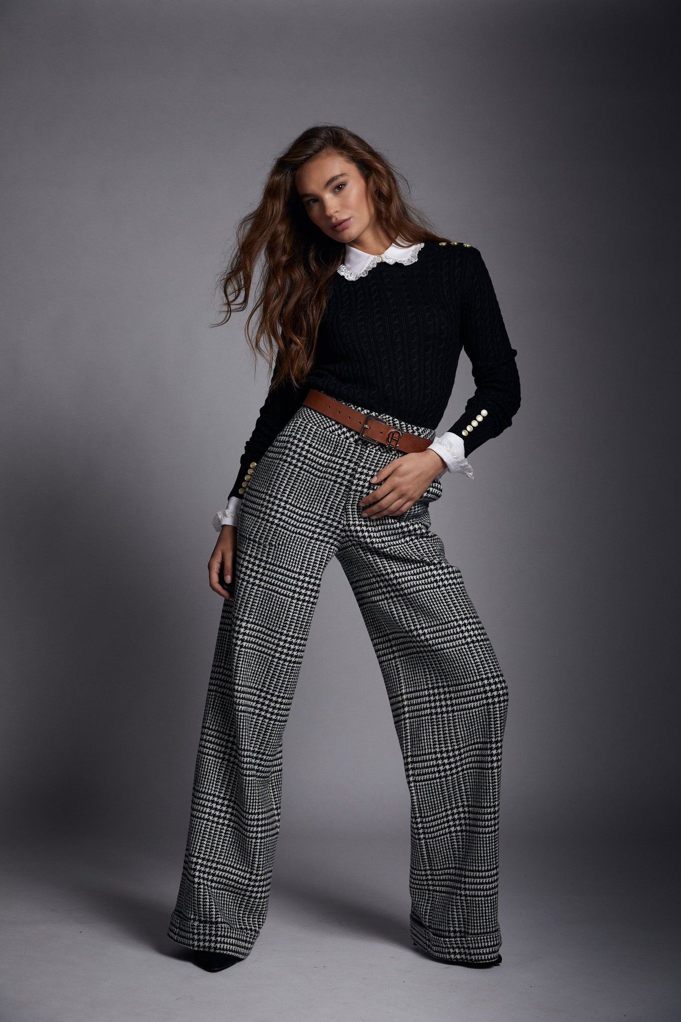 High Waisted Straight Trouser (Large Scale Prince of Wales Mono)