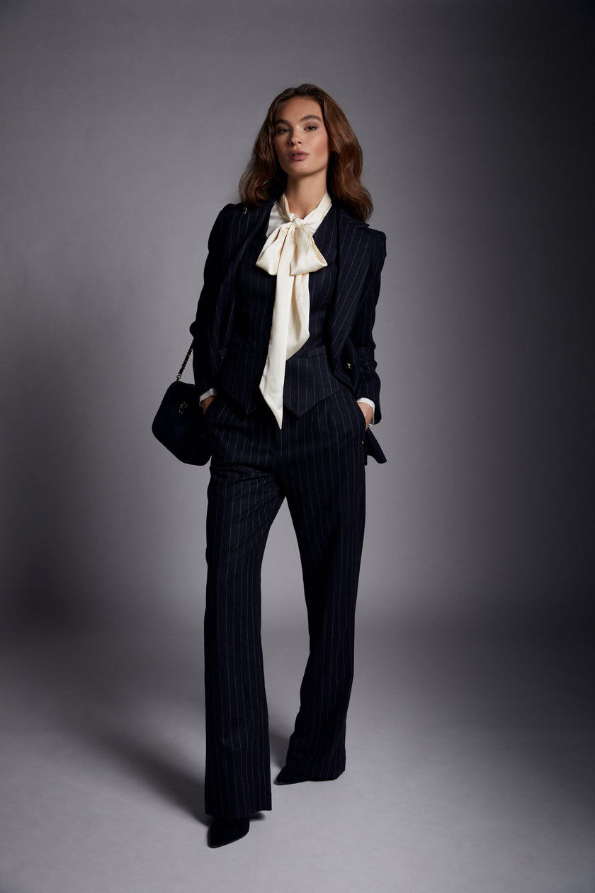 High Waisted Straight Trouser (Navy Chalk Pin Stripe)