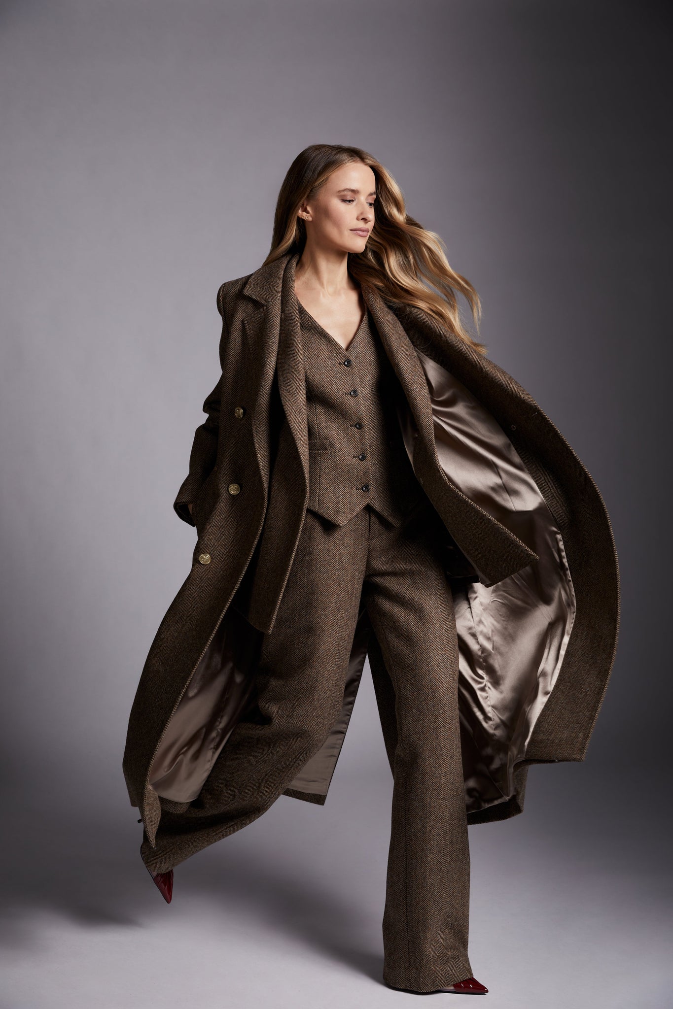 Double Breasted Coat (Large Scale Brown Herringbone)