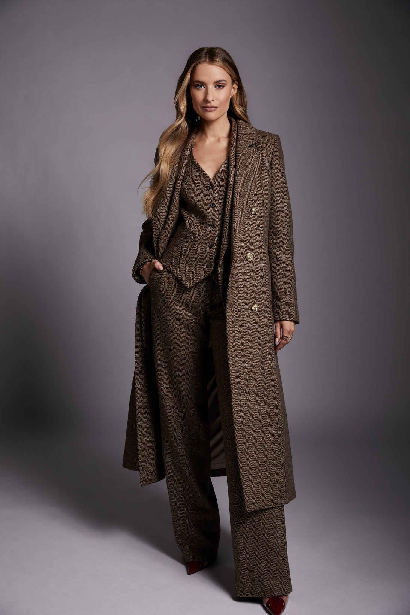 Double Breasted Coat (Large Scale Brown Herringbone)