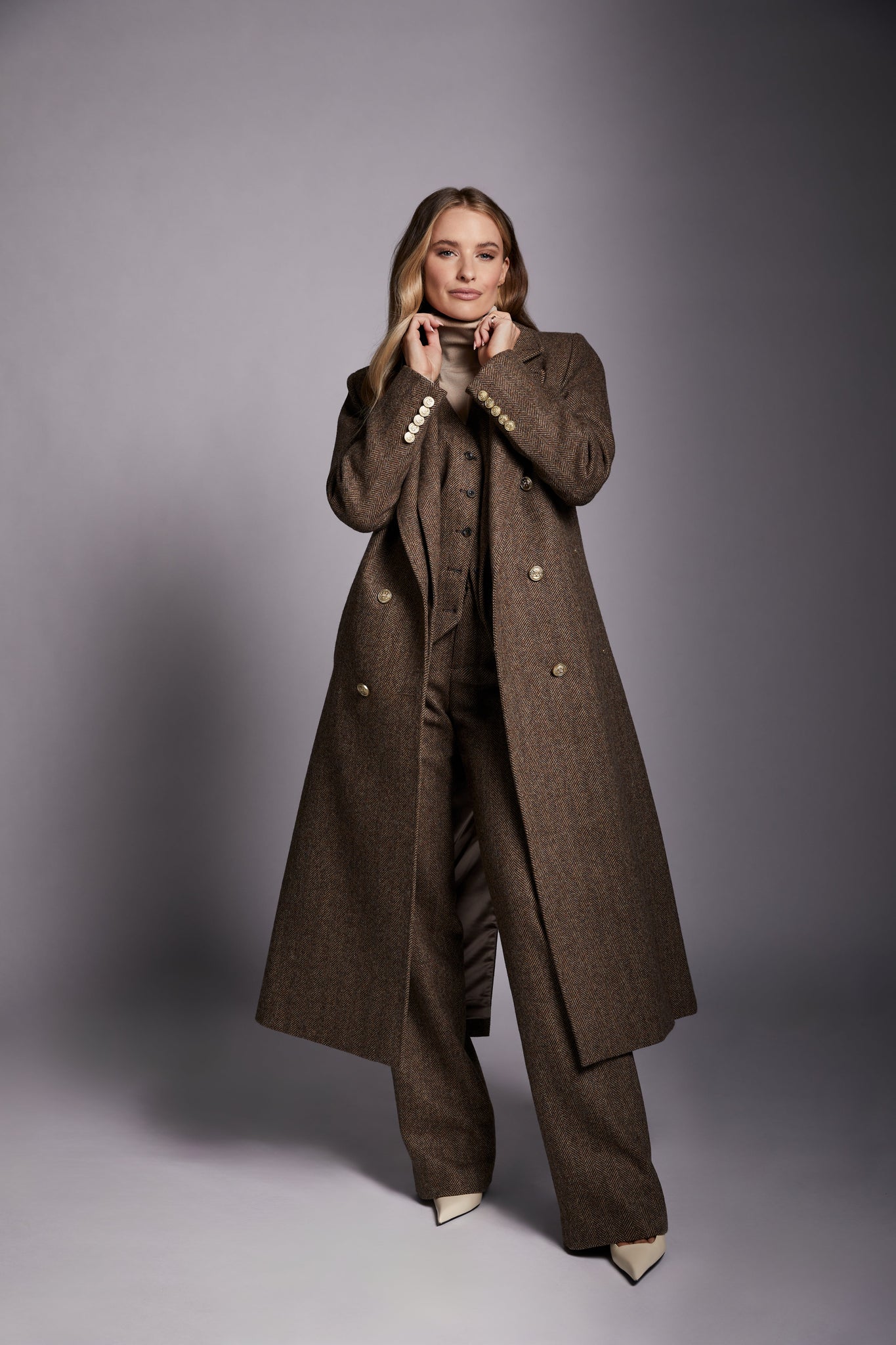 Double Breasted Coat (Large Scale Brown Herringbone)