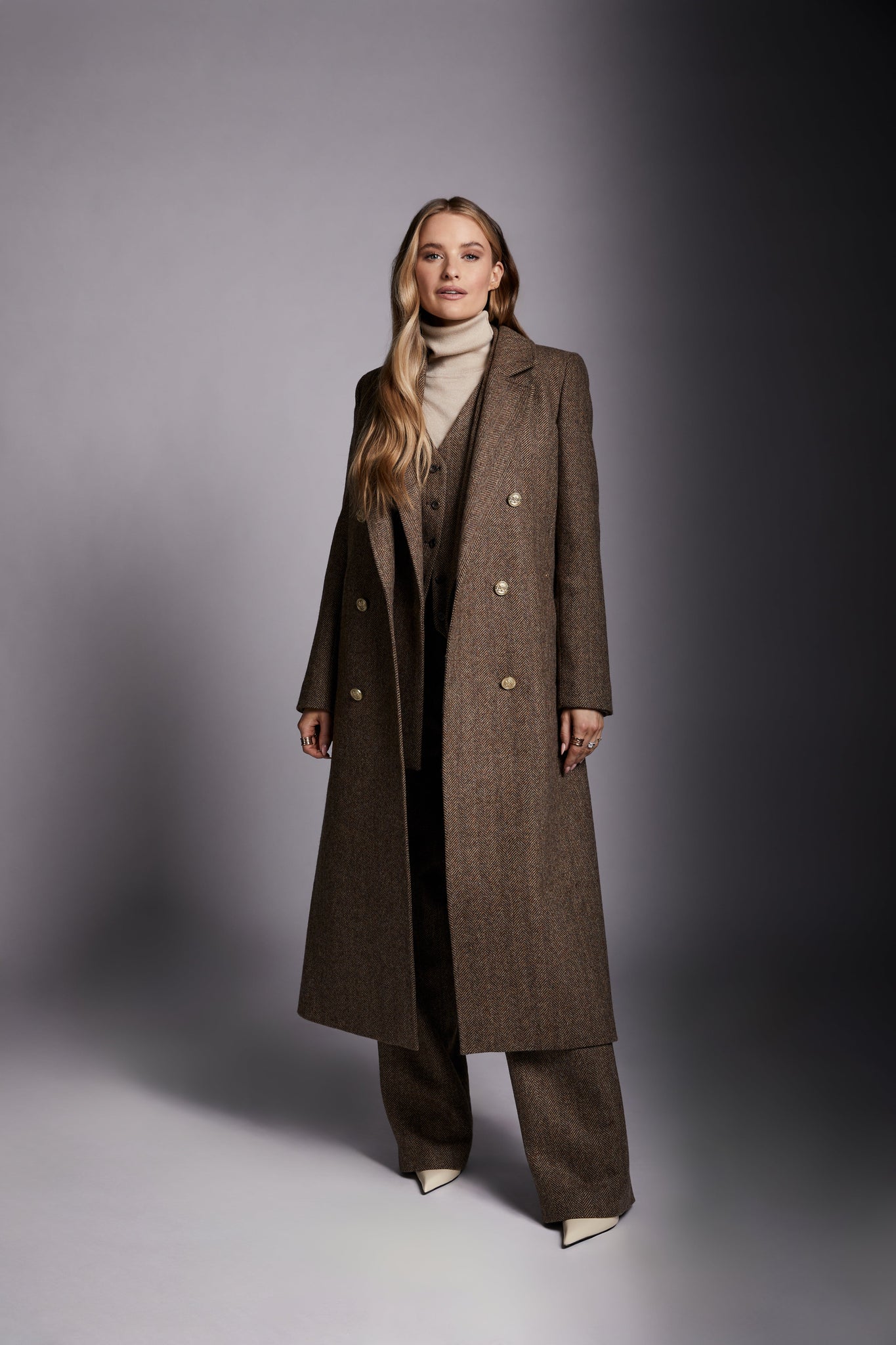 Double Breasted Coat (Large Scale Brown Herringbone)