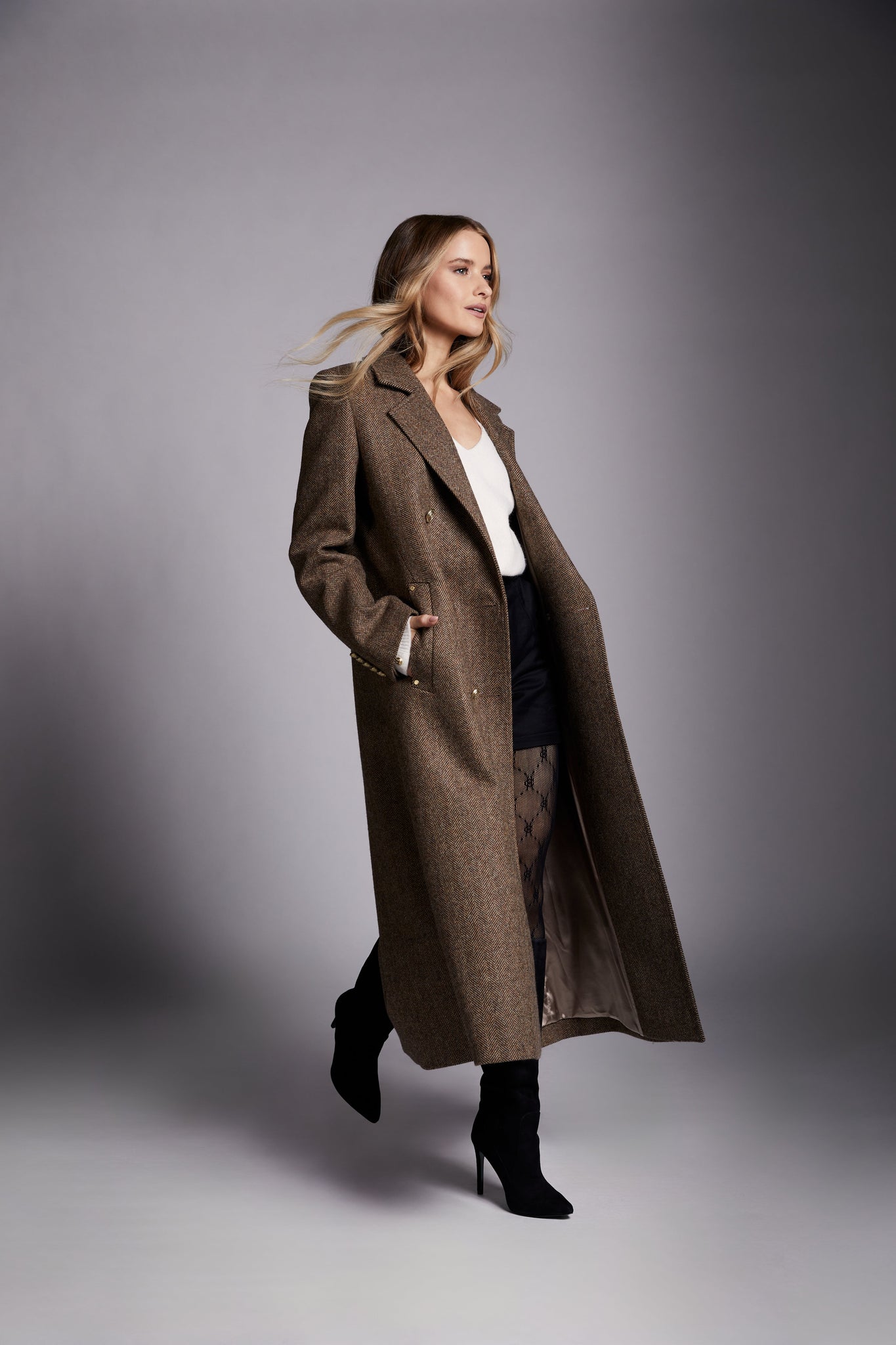 Double Breasted Coat (Large Scale Brown Herringbone)