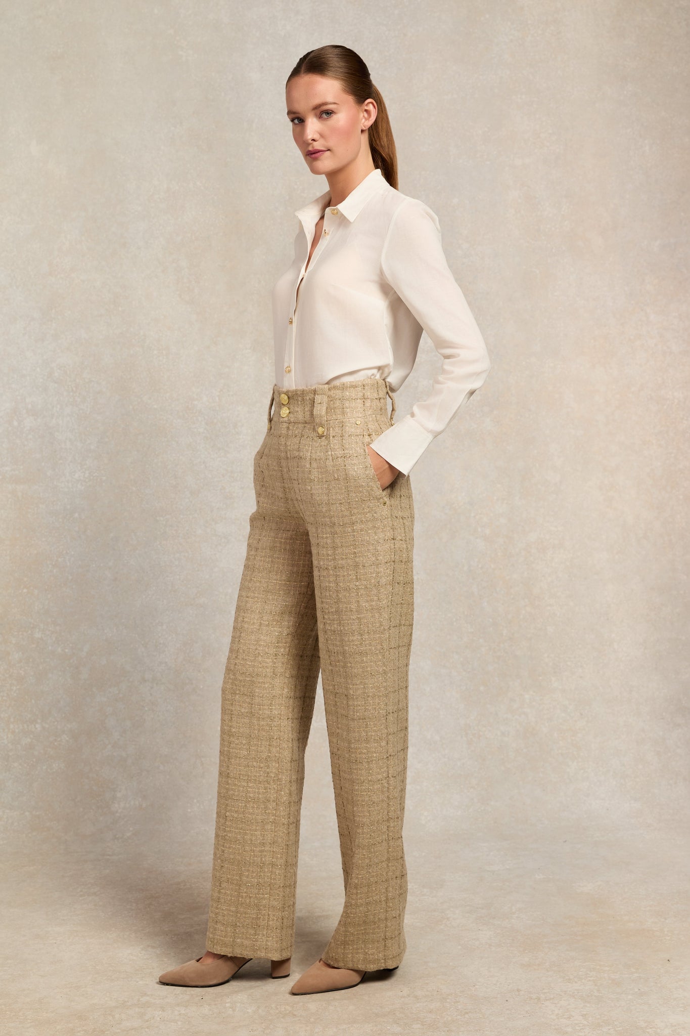 High Waisted Straight Trouser (Camel Sparkle Tweed)