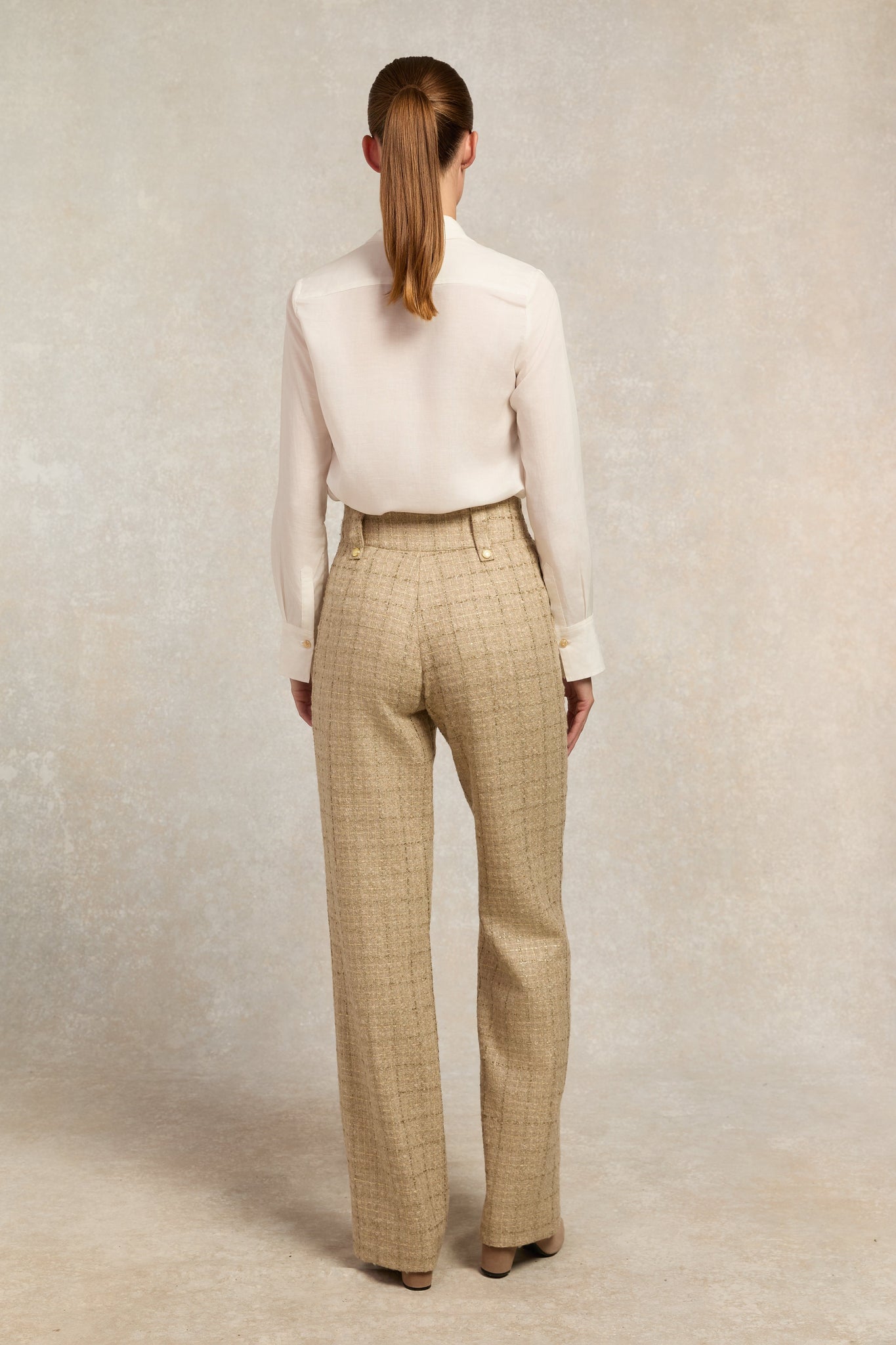 High Waisted Straight Trouser (Camel Sparkle Tweed)