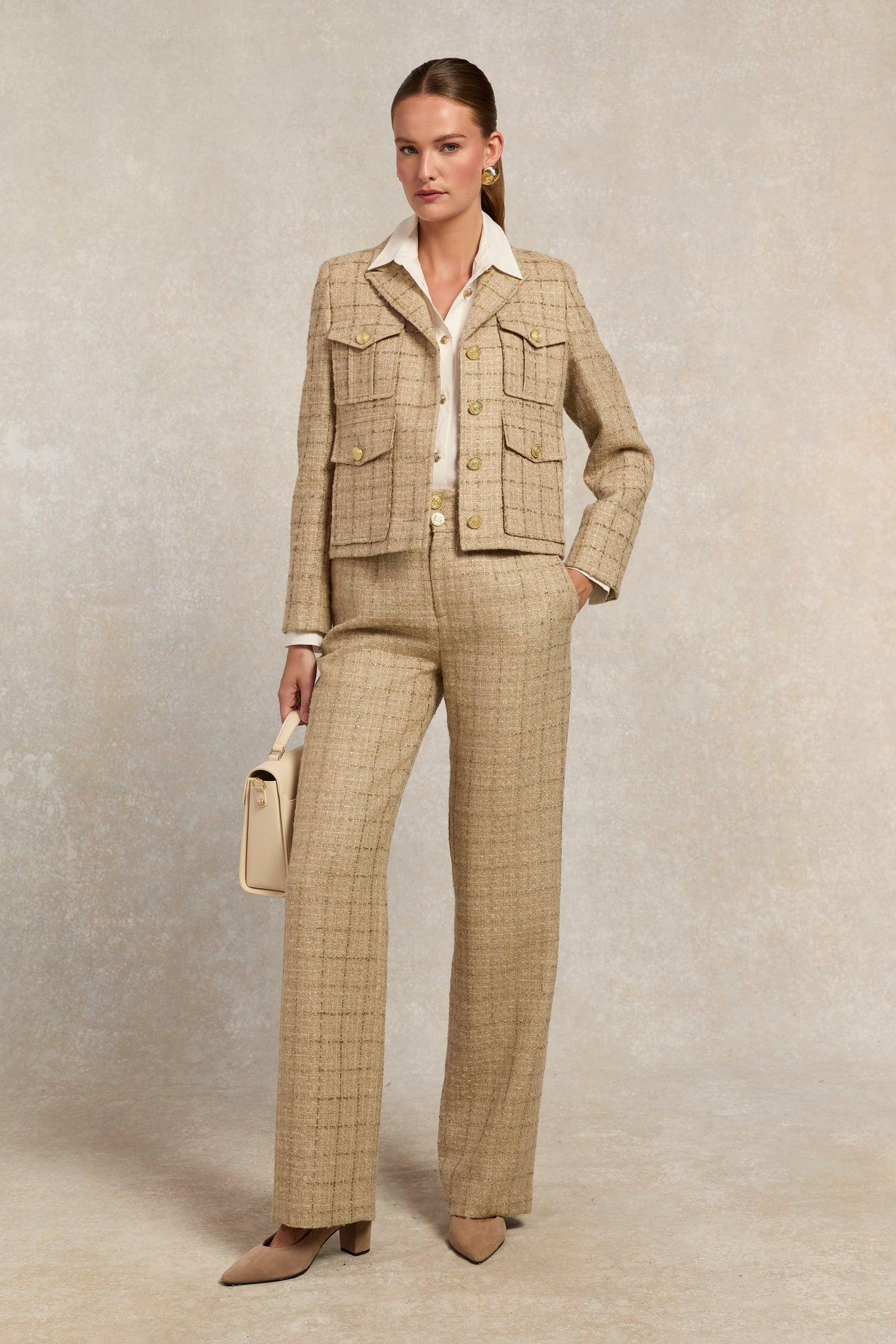 High Waisted Straight Trouser (Camel Sparkle Tweed)
