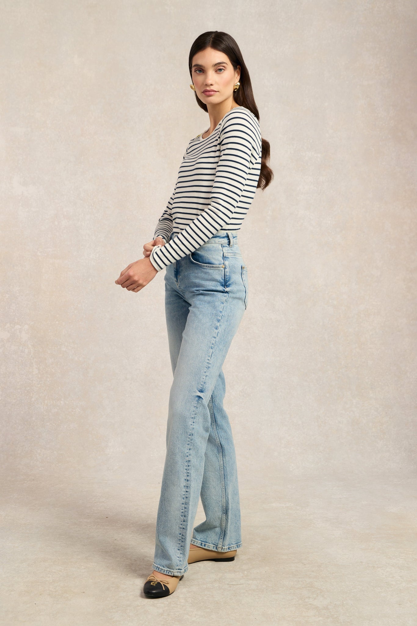 Padstow Long Sleeve Crew Neck Tee (Natural Ink Navy Stripe)