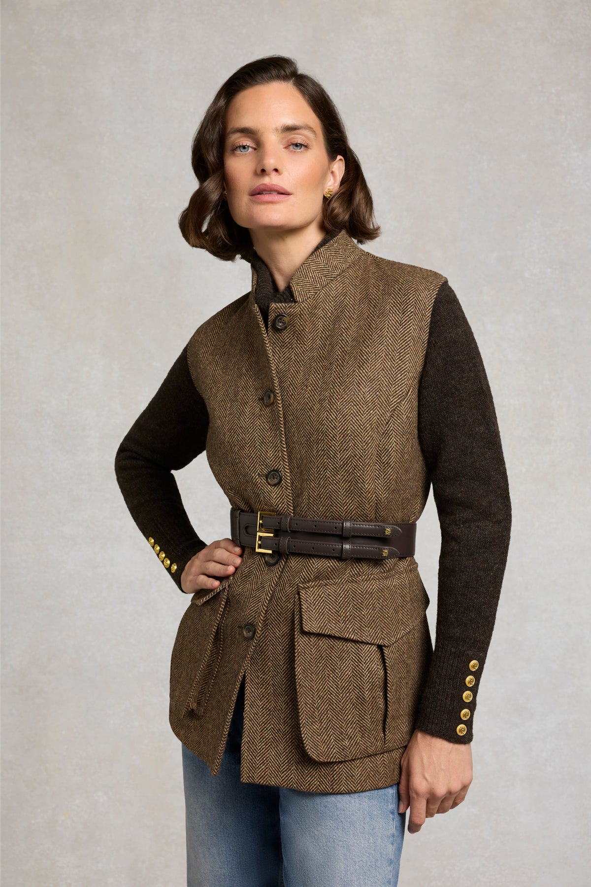 Women's Nehru Gilet (Large Scale Brown Herringbone)