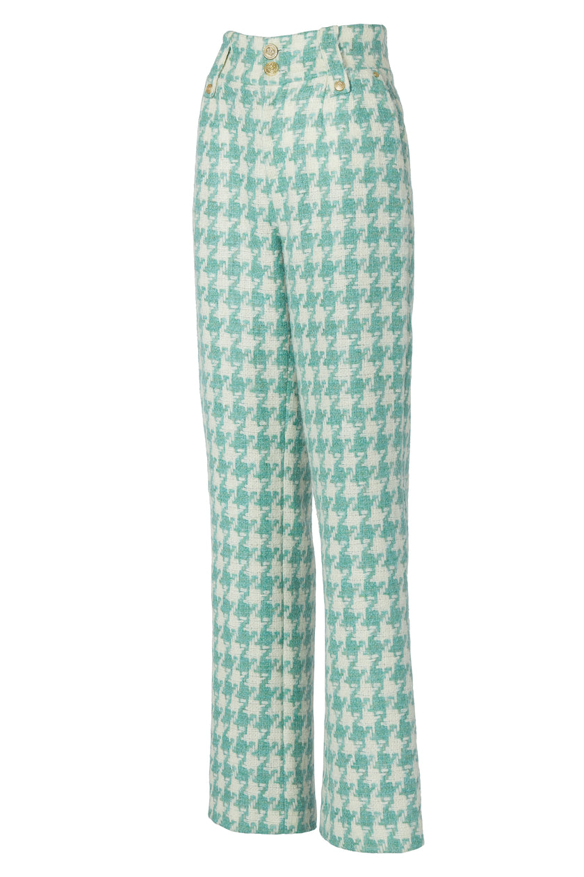 High Waisted Straight Trouser (Large Scale Teal Houndstooth)