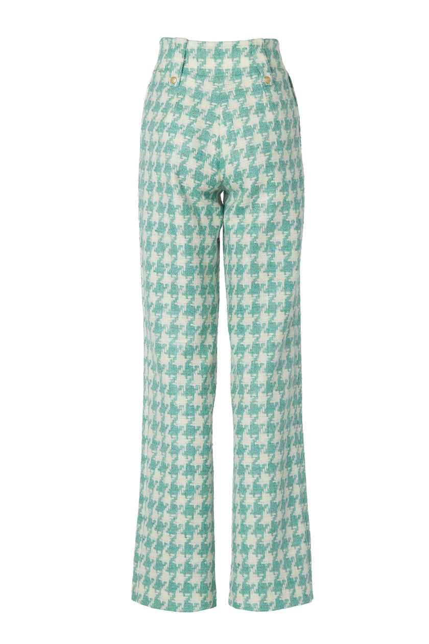 High Waisted Straight Trouser (Large Scale Teal Houndstooth)