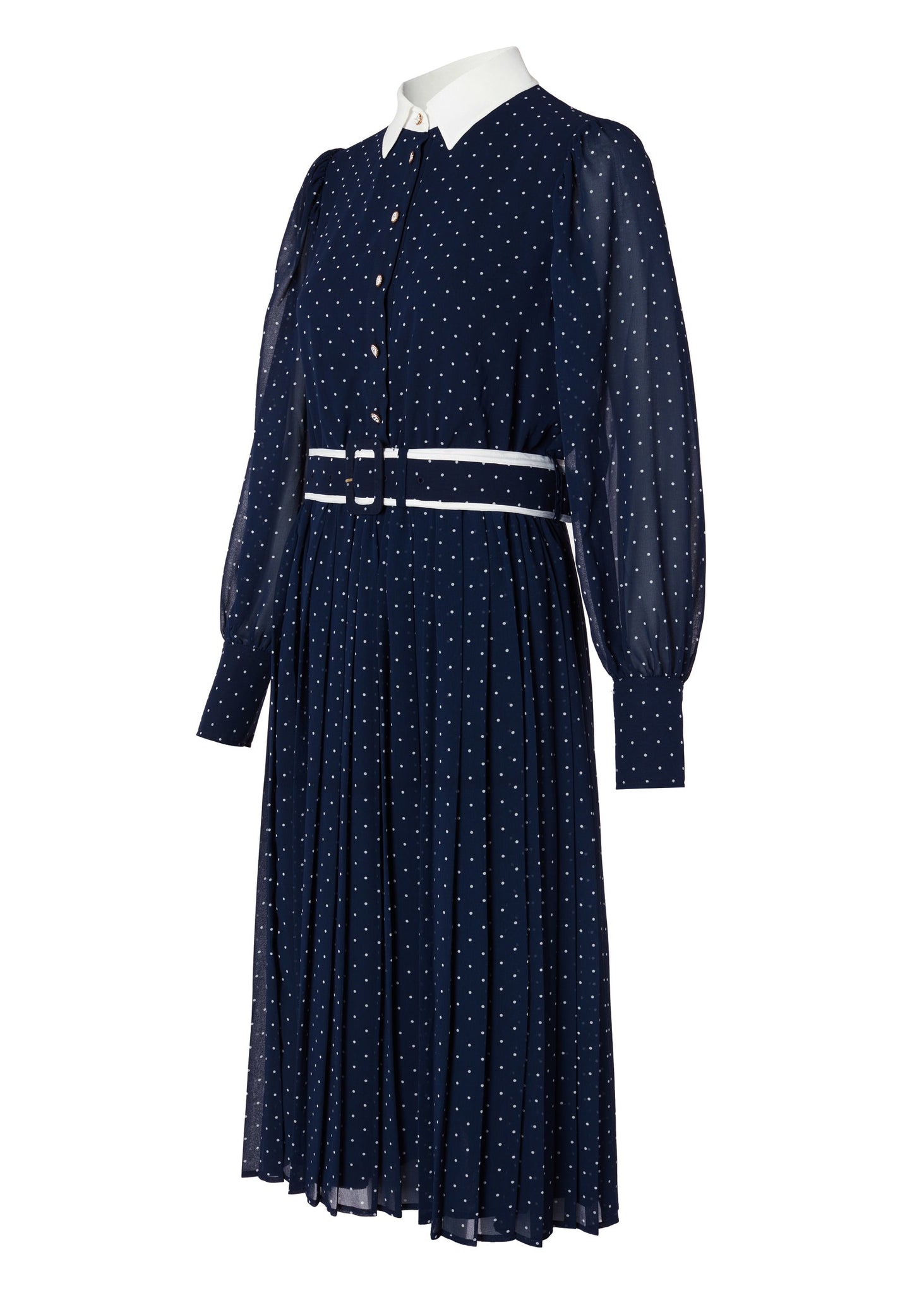 Annabel Pleated Midi Dress (Ink Navy Polka Dot)