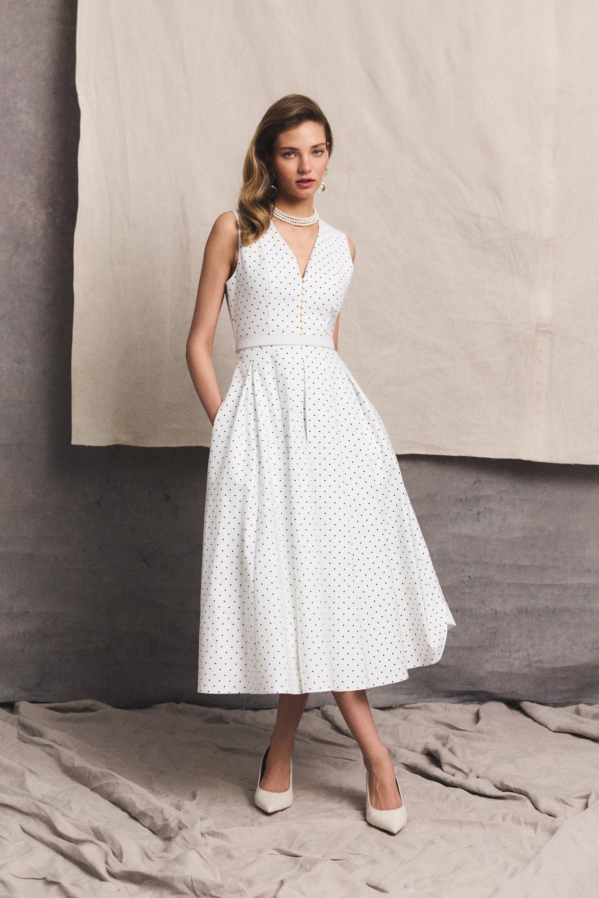 Lucie Sleeveless Dress (White Polka Dot)