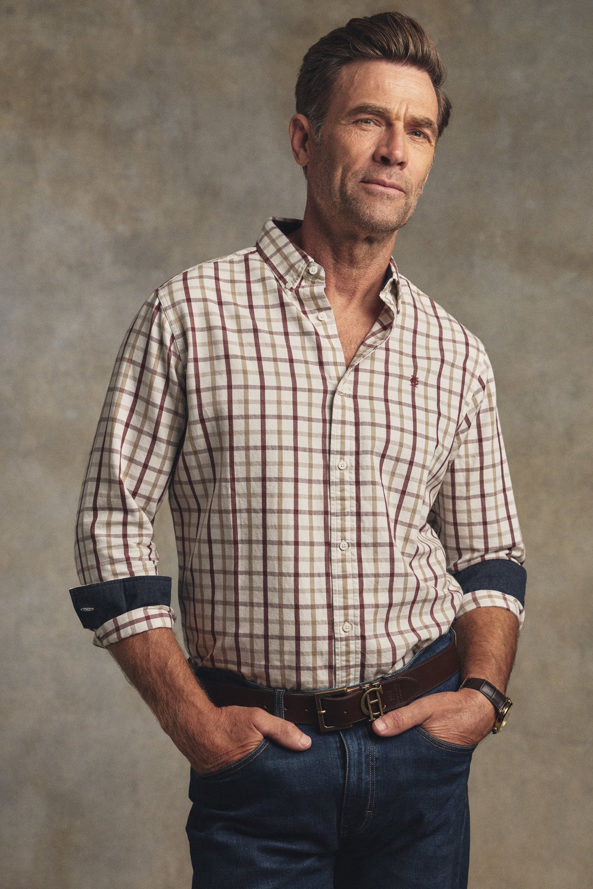 Men's Relaxed Fit Button Down Shirt (Large Scale Ruby Check)