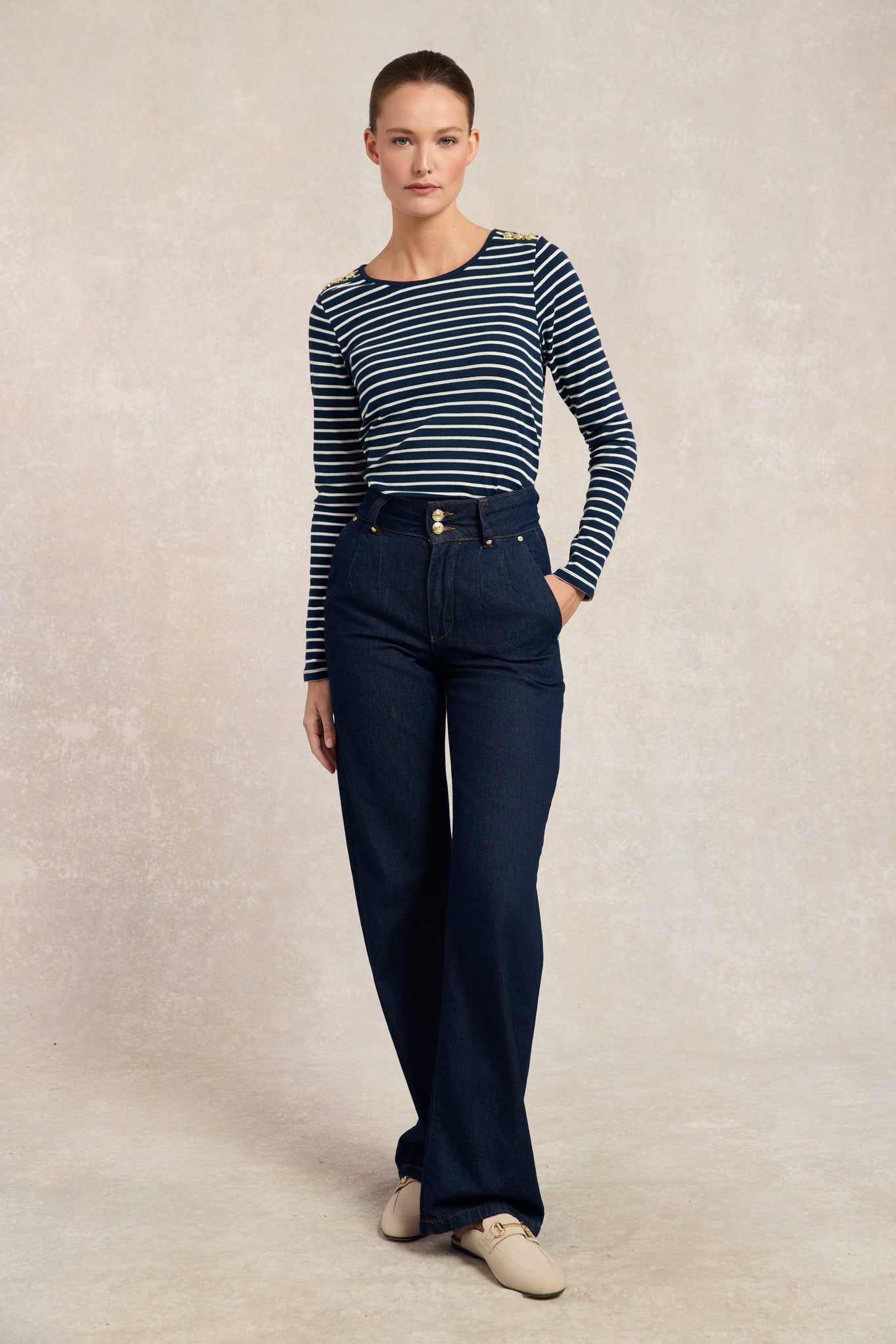 Padstow Long Sleeve Crew Neck Tee (Ink Navy Natural Stripe)