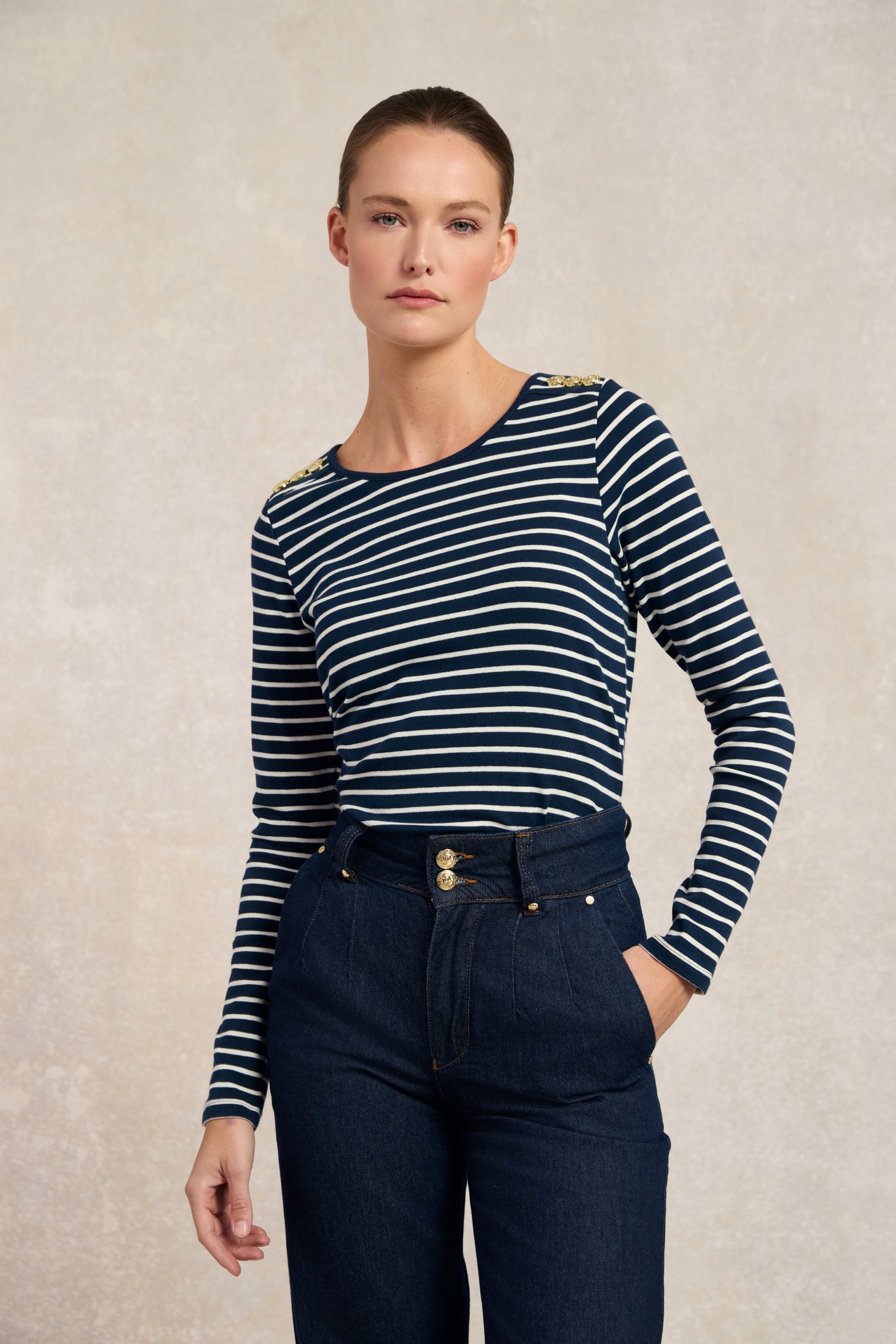 Padstow Long Sleeve Crew Neck Tee (Ink Navy Natural Stripe)
