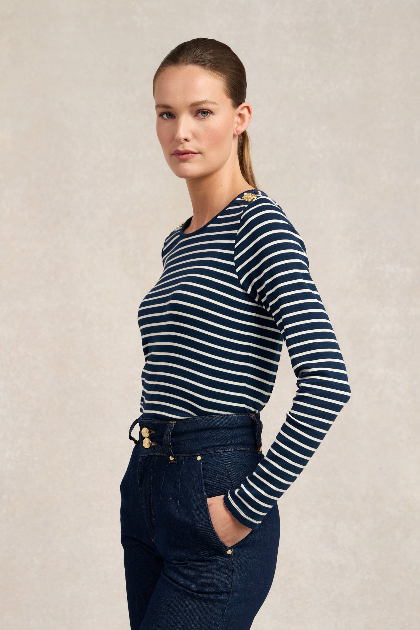 Padstow Long Sleeve Crew Neck Tee (Ink Navy Natural Stripe)