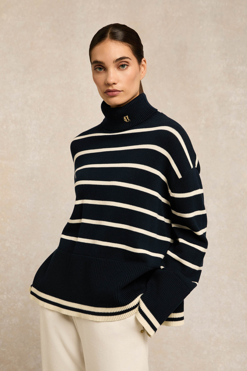 Antonia Roll Neck Knit (Ink Navy Stripe)