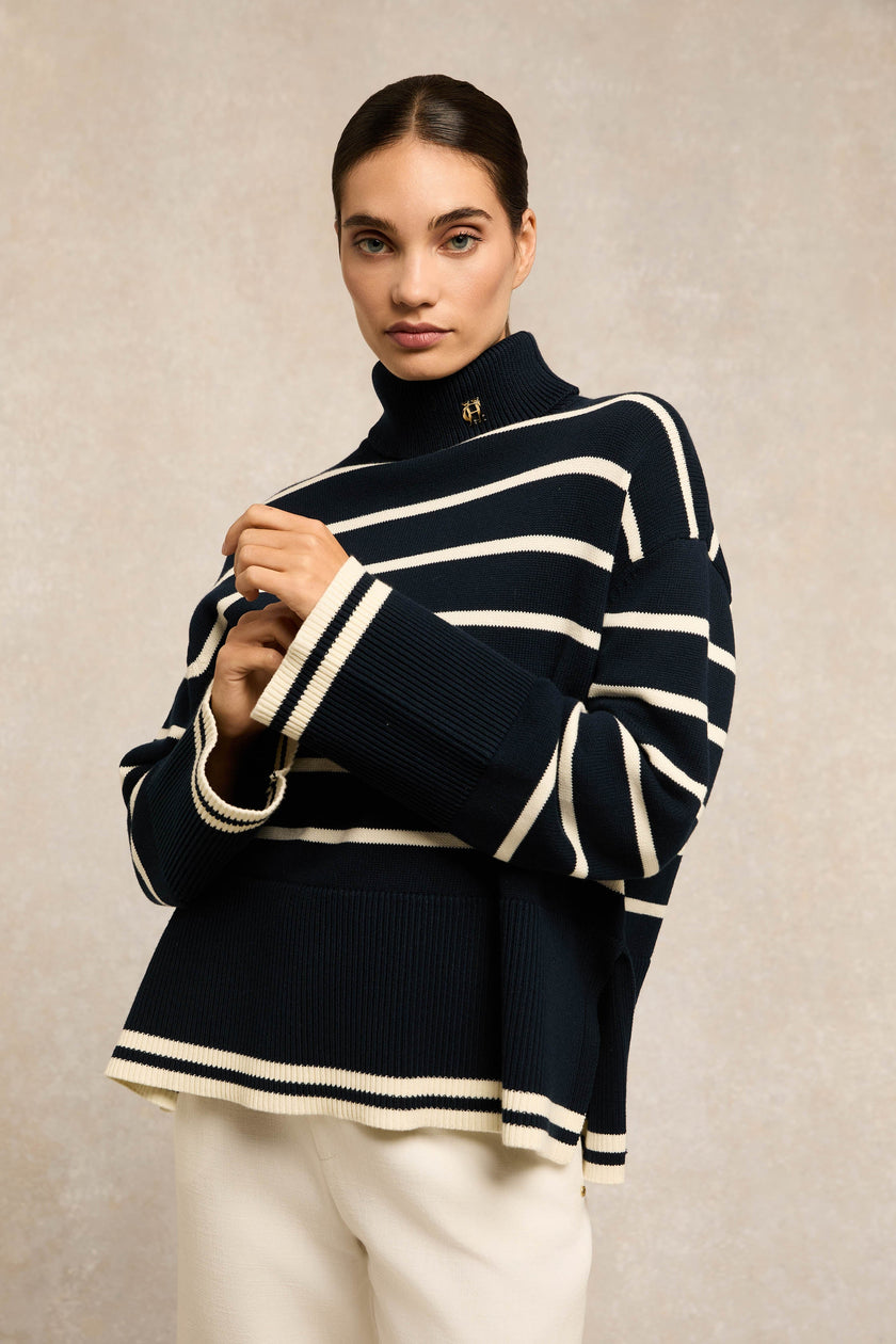 Antonia Roll Neck Knit (Ink Navy Stripe)