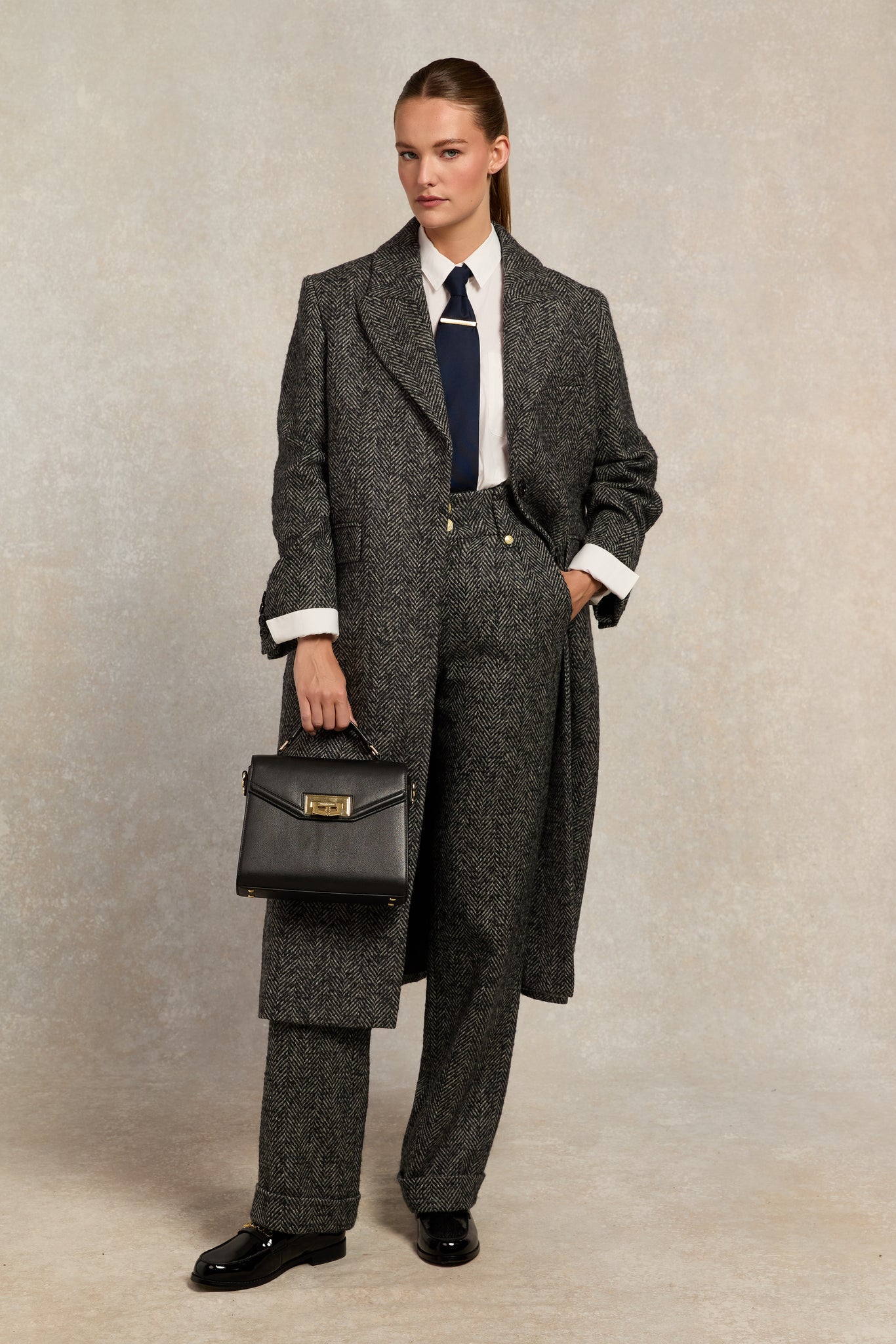 High Waisted Wide Leg Trouser (Ebony Herringbone)